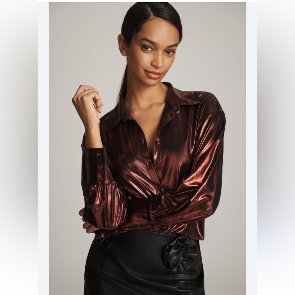 NWT Anthropologie Shine Button down Metallic Burgundy Red Top Blouse Holiday S
